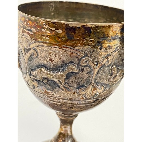 114 - x2  double chalices, embossed with animal decoration, approx weight 106g, max H11.5cm