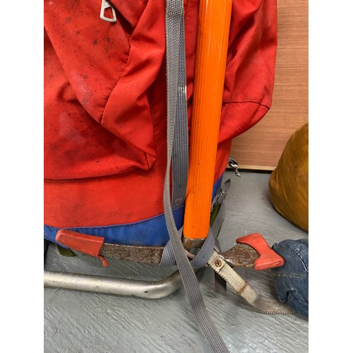 85A - CLIMBING INTEREST - Karrimor Rucksack containing items; pick axe, canister, kettle, gas lamp with bo... 