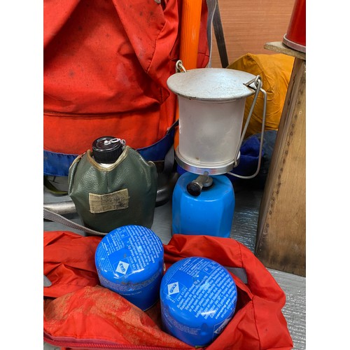 85A - CLIMBING INTEREST - Karrimor Rucksack containing items; pick axe, canister, kettle, gas lamp with bo... 