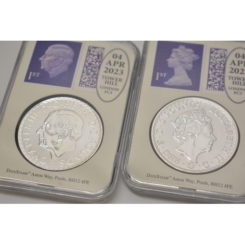 254A - 2023 Silver Britannia Pair.  999/1000 pure silver bullion finish. Postmarking date 4/4/2023, max rel... 