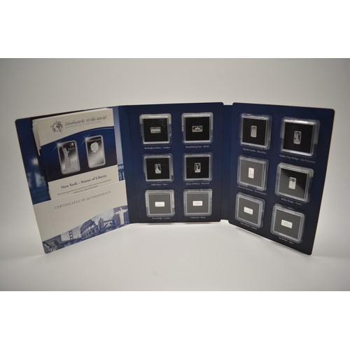 354 - Landmarks of the World fine silver 999/1000 ingots, with certificates ( x12 bars), silver proof, wit... 