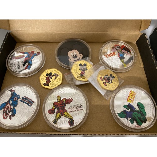 366 - Mixed Cupro Nickel medallions with various themes, Disney characters, Mickey Mouse, WWI aircraft, Ta... 