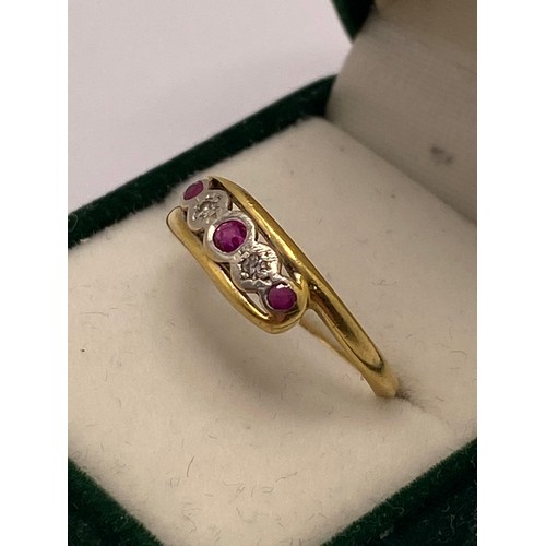 299 - Antique 18ct yellow gold/platinum ruby and diamond ring in box, approx size M/N. Approx weight 2g.