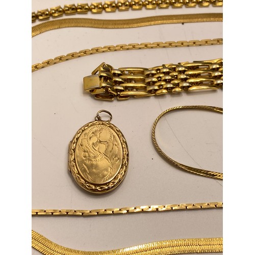 298 - Mixed costume jewellery predominately gold tone, some marked gold plated, locket stamped 9ct back & ... 