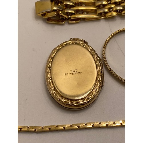 298 - Mixed costume jewellery predominately gold tone, some marked gold plated, locket stamped 9ct back & ... 