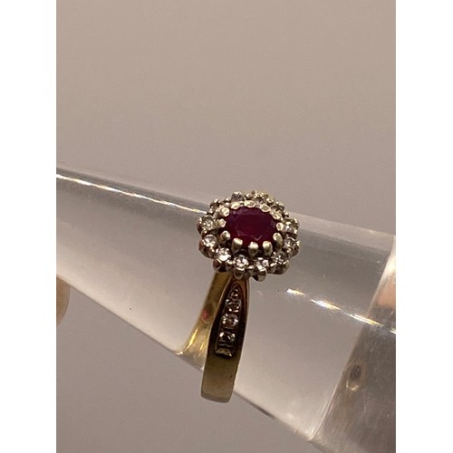 297B - x2 gold rings - Ruby and diamond cluster ring with diamonds to mount, hallmarked London, together wi... 