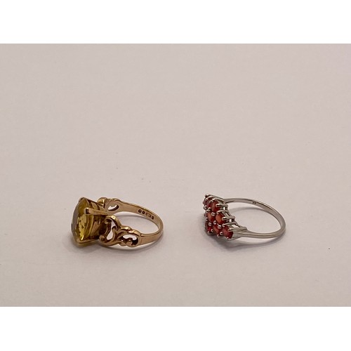 297C - X2 Gold rings - One features faceted citrine with raised scroll detailing to mount hallmarked Birmin... 