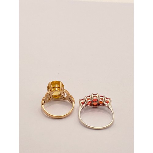 297C - X2 Gold rings - One features faceted citrine with raised scroll detailing to mount hallmarked Birmin... 