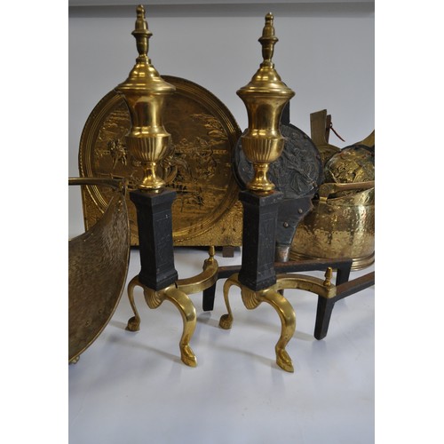 6 - Brass items group consisting of open log basket, coal bucket, magazine rack with hunting scene, pair... 