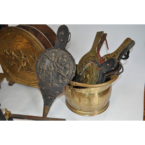 6 - Brass items group consisting of open log basket, coal bucket, magazine rack with hunting scene, pair... 