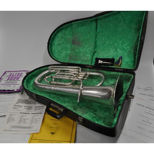 62 - Vintage Euphonium engraved 'Lafleur imported by Boosey & Hawkes London', with musical scores in case... 