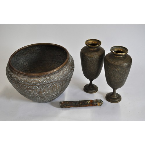 66 - Persian/Indian planter, together with pair of decorative vases and Tibetan scroll holder