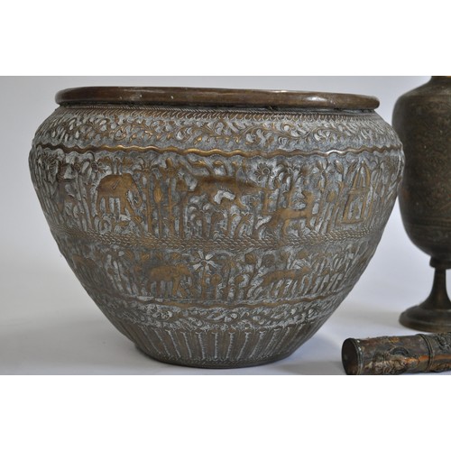 66 - Persian/Indian planter, together with pair of decorative vases and Tibetan scroll holder