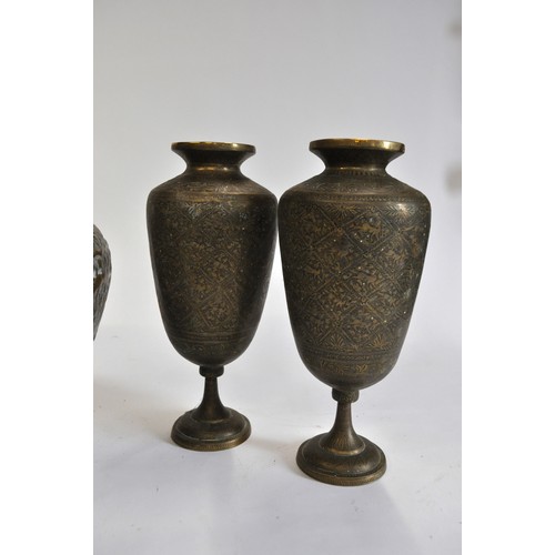 66 - Persian/Indian planter, together with pair of decorative vases and Tibetan scroll holder