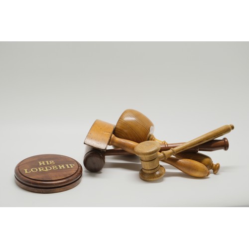 75 - Small group of wooden gavels including 'His Lordship' plinth