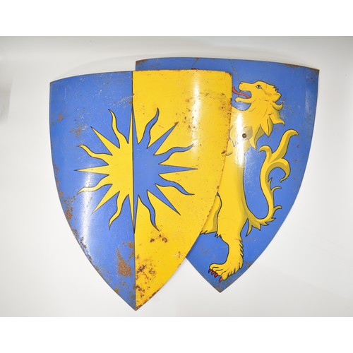 77 - x2 Reenactment shields, both blue/yellow design, one depicting a lion, max H70cm