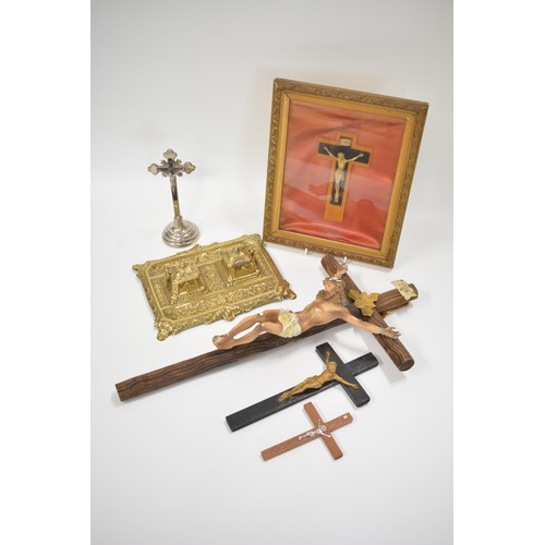 80 - Ecclesiastical related items consisting of religious icons together with brass inkwell desk piece. A... 