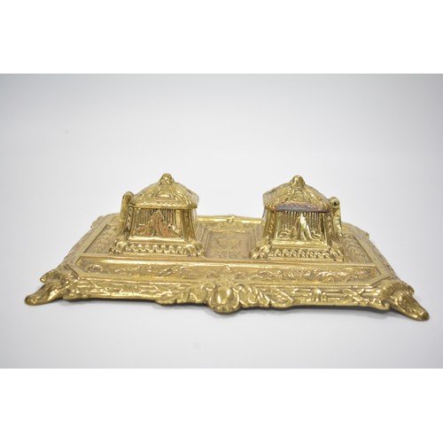 80 - Ecclesiastical related items consisting of religious icons together with brass inkwell desk piece. A... 