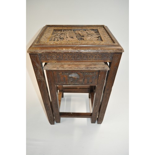 104 - Oriental hand carved design tables, one with drawer