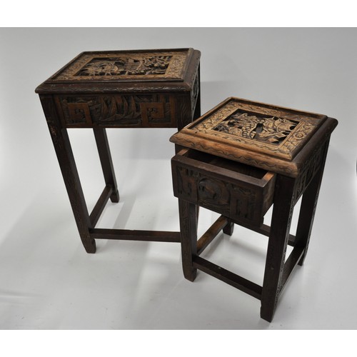 104 - Oriental hand carved design tables, one with drawer