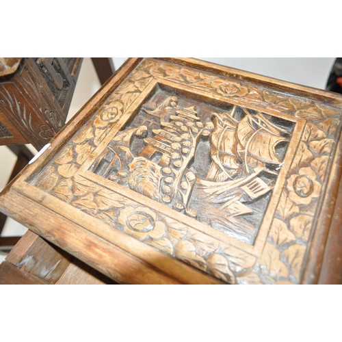 104 - Oriental hand carved design tables, one with drawer