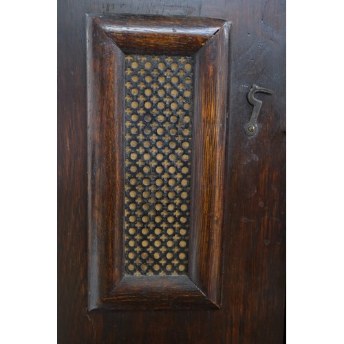 109 - Antique Long case clock with glazed panel with barley twist design, opens to a silvered /black dial,... 