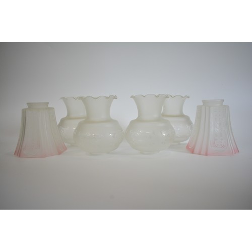 122 - x4 matching glass lamp shades together with a pair of etched design Deco style shades  in light pink... 