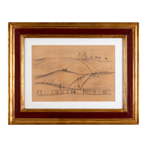 L S Lowry (British 1887-1976)  pencil sketch of a landscape scene with figures on lane, houses beyond c.1918. Unsigned, believed to be gifted to Dr Carel Weight who introduced Lowry to the RA and helped him to get established in London. Approx. 19cm  29cm, mounted and glazed. Resale Rights/Droit de Suite may apply to this lot, please refer to our Terms of Business