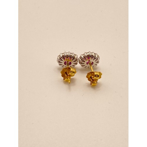 194 - Ruby and diamond cluster stud earrings, stems stamped 750, apprx L1cm