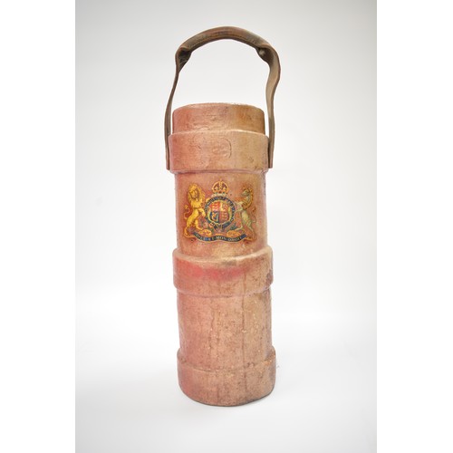 90 - Antique military armorial shell case carrier. made of cork covered in red leather with a leather car... 