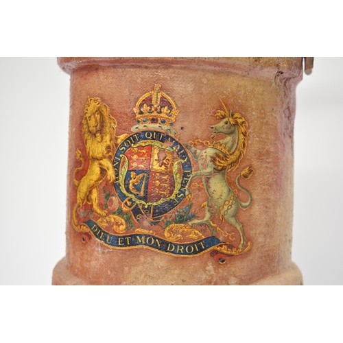 90 - Antique military armorial shell case carrier. made of cork covered in red leather with a leather car... 