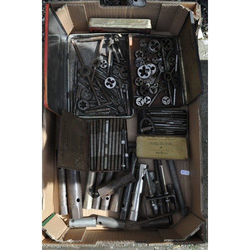 218 - A selection of tap and dies, and box spanners