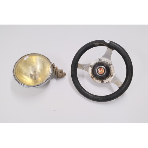 234 - Lucas headlight and vintage Morris Minor steering wheel