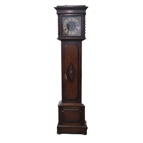 109 - Antique Long case clock with glazed panel with barley twist design, opens to a silvered /black dial,... 