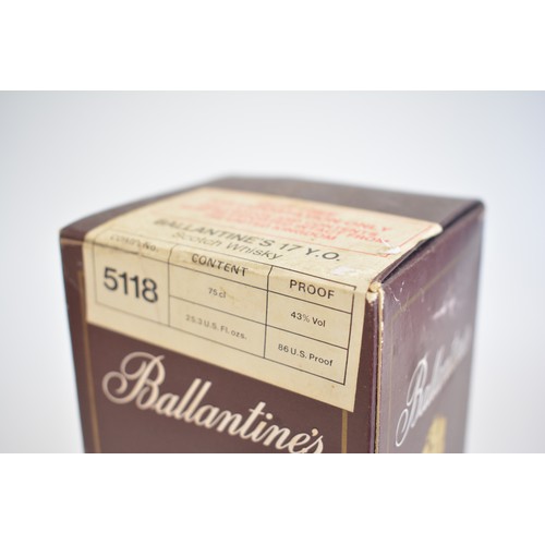 21 - One Sealed bt.  Boxed Ballantines 17 years old whisky, 1980s. One bt. Ballantine's Finest whisky, 26... 