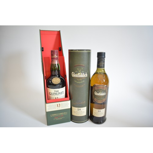 150 - One Flip Top leather Box, The Glenlivet 12 years, 70cl, 40%. 1990sOne Tubed bt. Glenfiddich aged 18 ... 