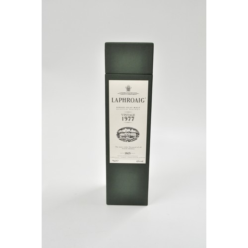 A boxed bottle of Laphroaig Vintage 1977 Islay Single Malt Scotch Whisky, 75cl. Single Malt 43% volume, distilled and bottled by D. Johnston, Laphroaig Distillery.