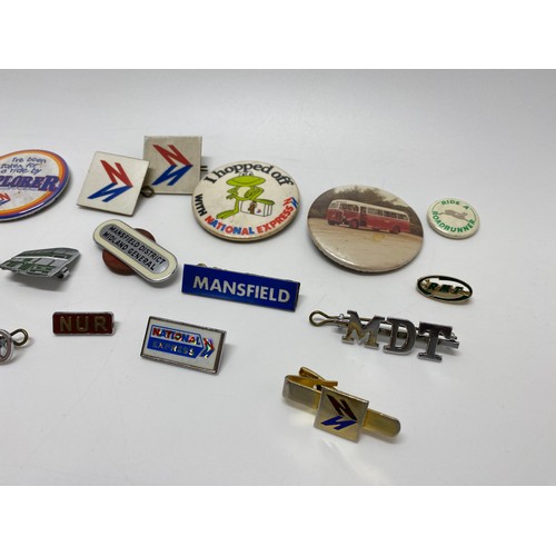 45 - Small selection of vehicle-related pin badges including national Express, Mansfield district bus etc