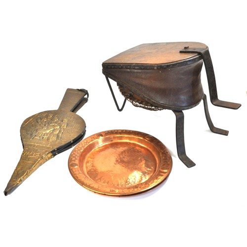 74 - Antique foot-operated bellows together with one other bellows and a coppered / hammered charger