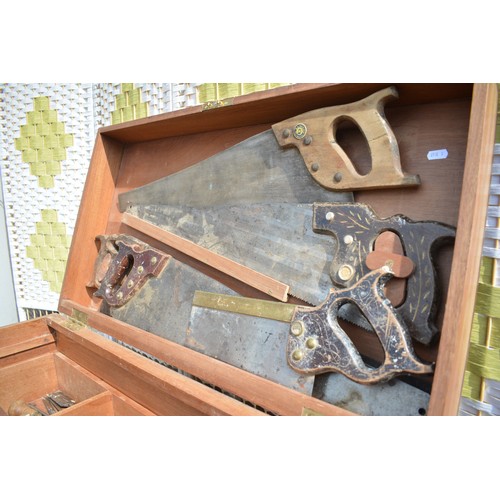 84 - Bespoke handmade carpenter's tool chest with inner drawers containing various saws, chisels, hammers... 