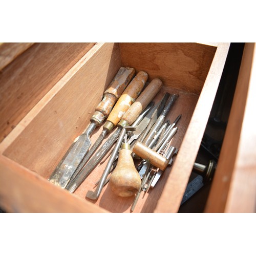 84 - Bespoke handmade carpenter's tool chest with inner drawers containing various saws, chisels, hammers... 