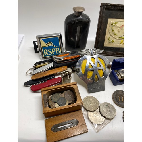 89 - Mixed ephemera consisting of badges, medallions, harmonica/mouth organs, hip flask, cufflinks, pen k... 