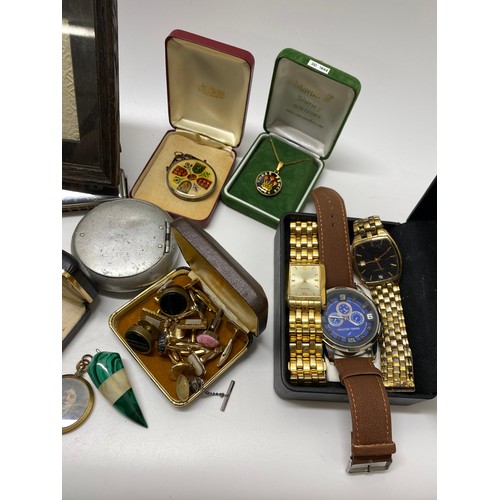 89 - Mixed ephemera consisting of badges, medallions, harmonica/mouth organs, hip flask, cufflinks, pen k... 