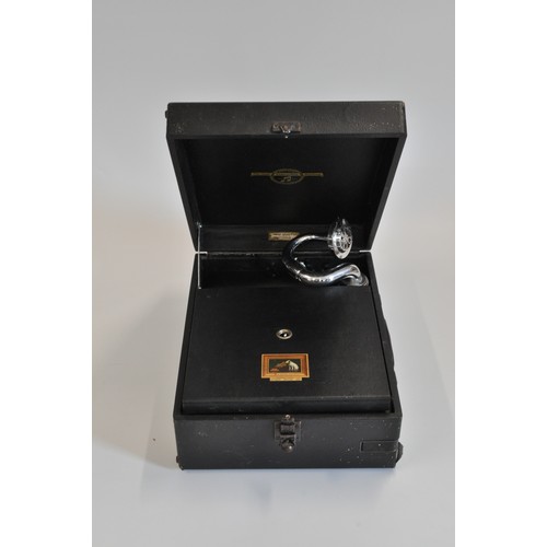 90 - Vintage His Masters Voice Portable Gramophone, Sanders Papworth Co label to inside.