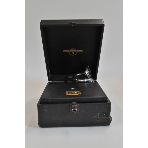 90 - Vintage His Masters Voice Portable Gramophone, Sanders Papworth Co label to inside.