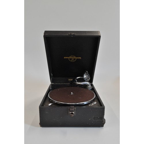 90 - Vintage His Masters Voice Portable Gramophone, Sanders Papworth Co label to inside.