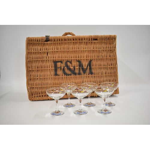 127 - Fortnum & Mason wicker hamper with x6 Babycham glasses