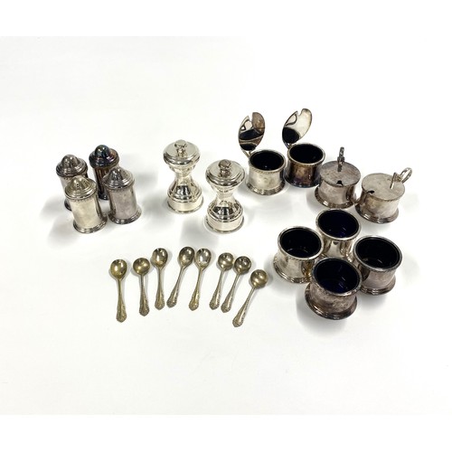 231 - Mappin & Webb cruets, salt and peppers, and Salt / Pepper mills marked Peugeot Freres to underside