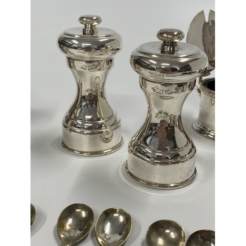 231 - Mappin & Webb cruets, salt and peppers, and Salt / Pepper mills marked Peugeot Freres to underside