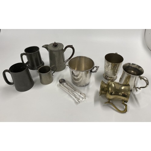 232 - A collection of pewter and silver plate tankards, including one engraved 'HMS Tyne' Flagship of the ... 